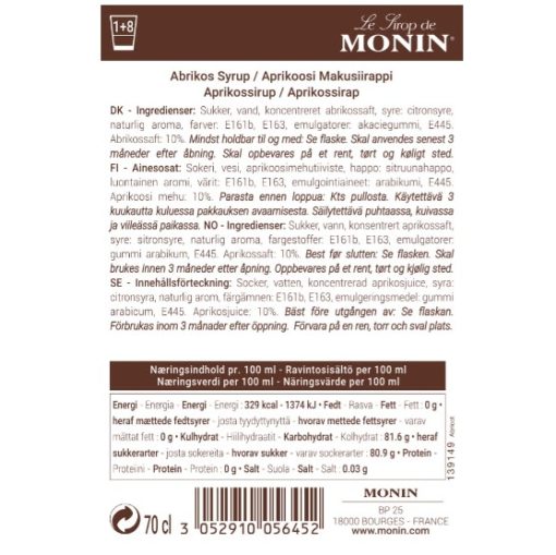 Monin Syrup Apricot 70 cl - Billede 2