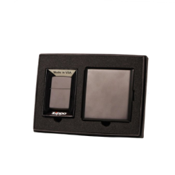 Zippo + Messing Cigaretetui Mat Sort i Gavesæt