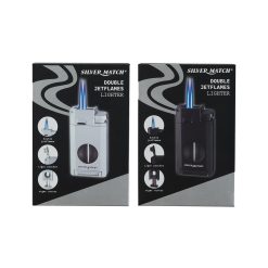 Silver Match Double 2-Jetflame Lighter + Cutter